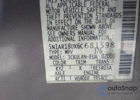 2006 Nissan Pathfinder S z USA, uszkodzony, nr VIN 5N1AR18UX6C681598